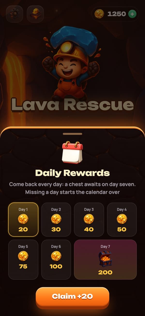 Lava Rescue: daily rewards and the chest on day seven