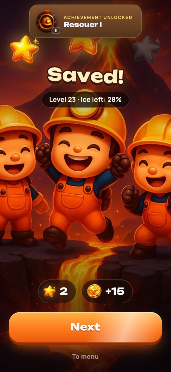 Lava Rescue: the victory screen with three stars
